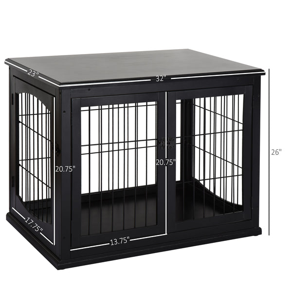 English Elm Small Dog Crate End Table with French Doors Arched Windows and Black Mdf Finish T3971P433245