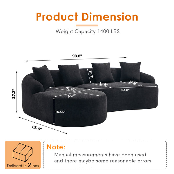 English Elm Compression L-Shape Sectional Sofa with Curved Chaise — Black Chenille Modular Sleeper, 30D Foam Comfort W2231S00043