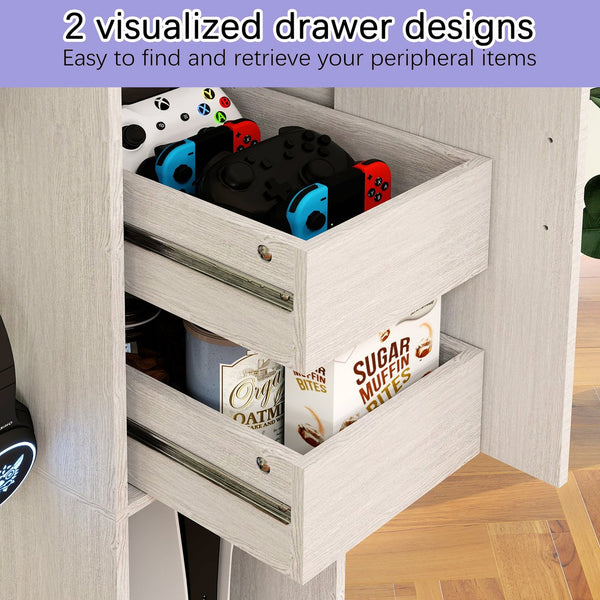 English Elm 44.49" Slim Gaming Console Storage Cabinet with Drawers and Hooks Antique White W1120P330147