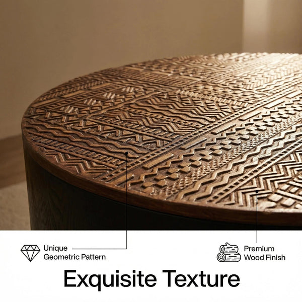 English Elm 31.5-inch Round Carved Wood Coffee Table Vintage Distressed Finish Living Room Accent W3935P406032