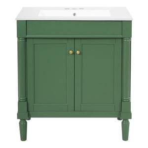 English Elm 30" French Style Bathroom Vanity with Ceramic Basin Soft Close Doors Wood Legs Green N710P415327F