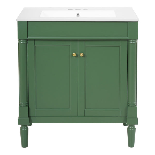 English Elm 30" French Style Bathroom Vanity with Ceramic Basin Soft Close Doors Wood Legs Green N710P415327F