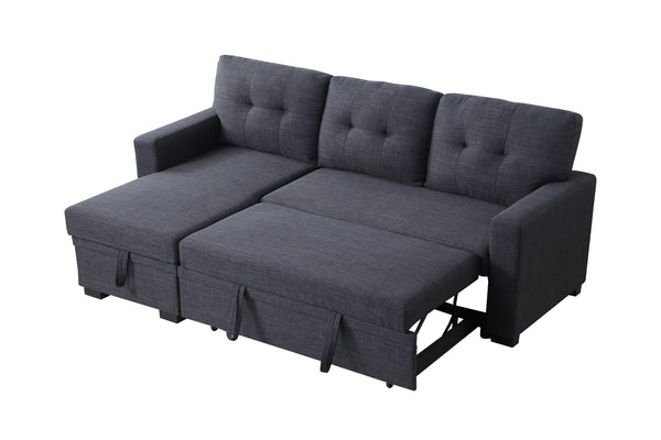 English Elm Tufted Linen Sectional Sleeper Sofa with Storage Ottoman and Reversible Chaise Dark Gray B2730S00050