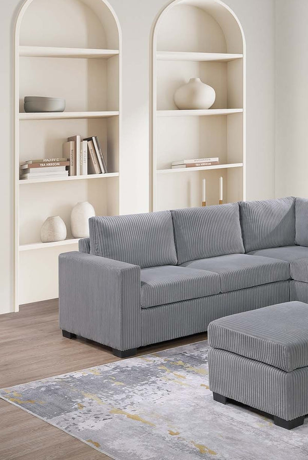 English Elm Modern Fur-Like Corduroy Sectional Sofa Set with USB Console, Ottoman & Plush Pillows for 5 Guests Light Gray 12 L x 23 W x 33 H B011S01751