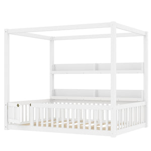 English Elm Full House Floor Bed with Door and Guardrails for Kids, Solid Wood Double Full, Safe Play Nook Light White W1580P359331