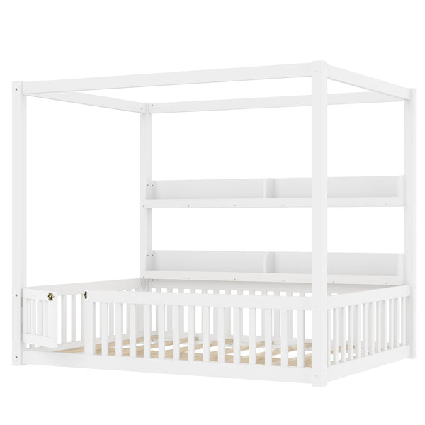 English Elm Full House Floor Bed with Door and Guardrails for Kids, Solid Wood Double Full, Safe Play Nook Light White W1580P359331