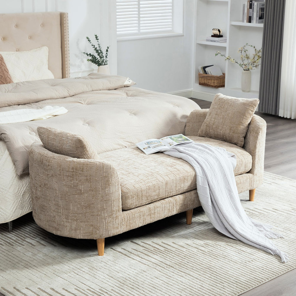 English Elm 77.17" Wide Chenille Daybed Bench with Bolster Pillows and Rubberwood Legs for Bedroom W3189S00040