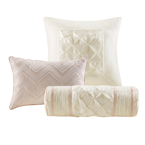English Elm 7-piece Queen Tufted Pleated Comforter Set with Shams Bed Skirt Decorative Pillows Blush B035P463180