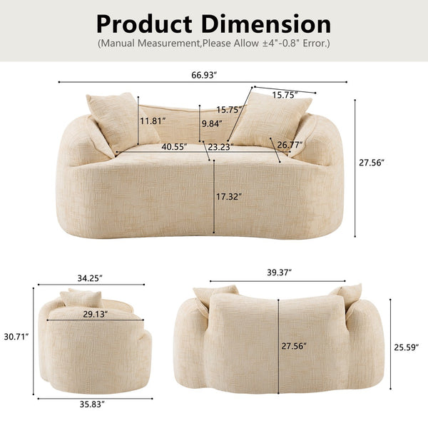 English Elm Beige Curved Two-Person Sofa with Chenille Fabric, Foam+Spring Support, 2 Pillows, Space-Saving Design W3612P350752