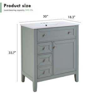 English Elm Solid Wood Bathroom Vanity Gray with Ceramic Undermount Sink, Triple Smart Storage, 70kg Load, Silent Slides W2896P318465