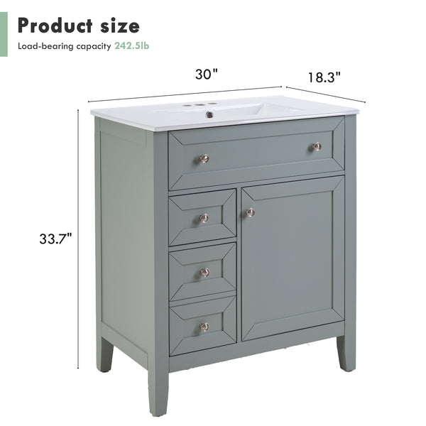 English Elm Solid Wood Bathroom Vanity Gray with Ceramic Undermount Sink, Triple Smart Storage, 70kg Load, Silent Slides W2896P318465