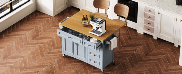 English Elm K&K 52" Kitchen Island with Embossed Farmhouse Texture, Drop Leaf, Spice & Towel Racks, Wheels Blue+Grey N707P195393G