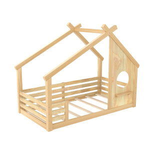 English Elm Twin House Floor Bed with Window & Shelf, Solid Wood Pitched Roof Design for Safe Cozy Sleep Natural W1580P362691