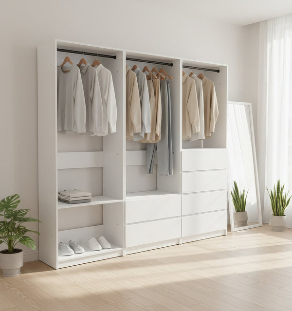 English Elm Prosper White Freestanding Walk-In Wood Closet System with Oak Finish, Modular Storage, Easy Assembly, Durable Construction B040S00140