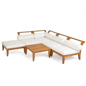 English Elm TOPMAX 6-Piece Acacia Patio Sofa Set - Modular L-Shaped Conversation Set, Convertible Daybed, Teak Beige Cushions SP100031AAA
