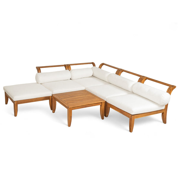 English Elm TOPMAX 6-Piece Acacia Patio Sofa Set - Modular L-Shaped Conversation Set, Convertible Daybed, Teak Beige Cushions SP100031AAA