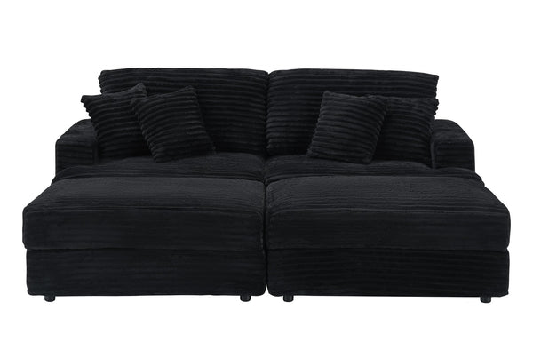 English Elm 82-Inch Black Corduroy Sofa With Storage Footrests & 4 Washable Pillows – Chic Living Room Upgrade! W1658S00114