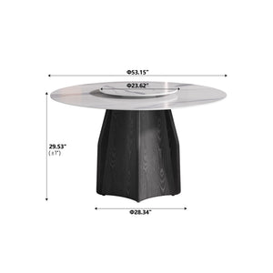 English Elm 53" Round Marble Dining Table With Lazy Susan, Black Oak Base For 6, Modern Elegance For Your Home W1535S00380