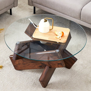 English Elm Round glass coffee table with tempered clear top, walnut MDF legs, adjustable anti-slip feet, modern centerpiece W1151P230572