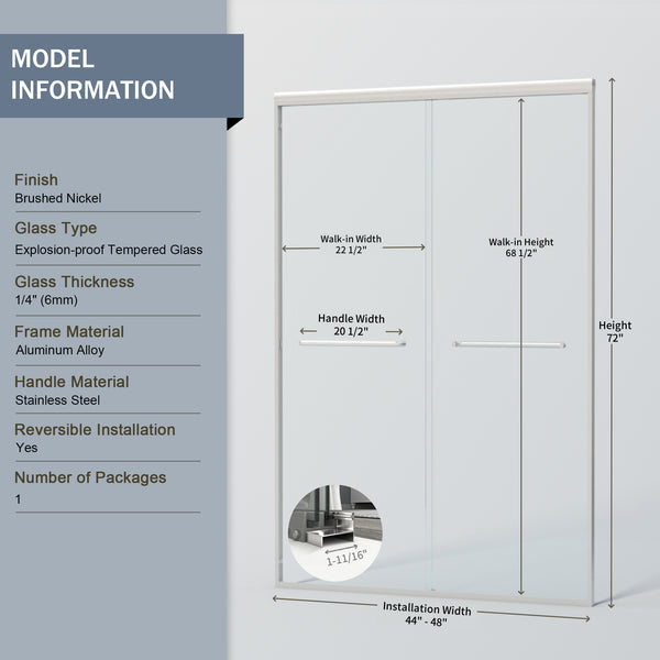 English Elm 44-48 in Semi-frameless Bypass Sliding Shower Door Tempered Glass Alcove Enclosure Brushed Nickel W1573P239434