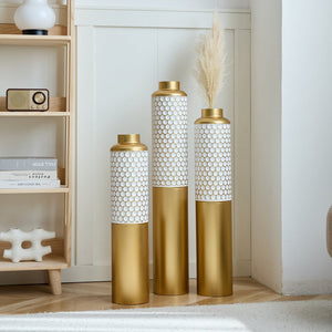 English Elm Floor Modern Metal Vase Set - Elegant Droplet Shaped White & Gold Accents For Glamorous Home Decor W2796P290484