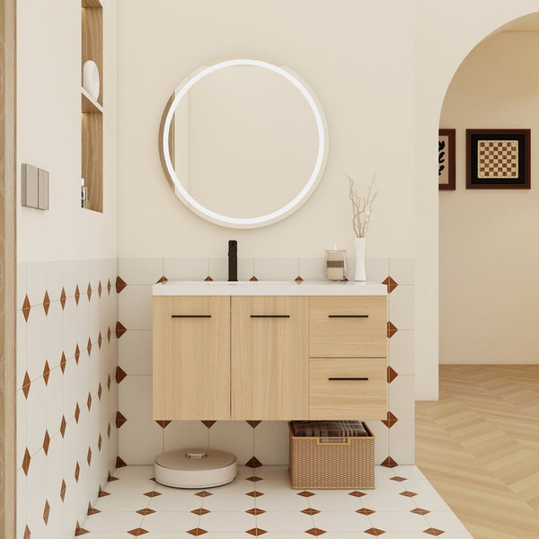 English Elm 36" Floating Bathroom Vanity Light Oak Finish Modular Cabinet with Gel Coat Sink Top W3450S00078