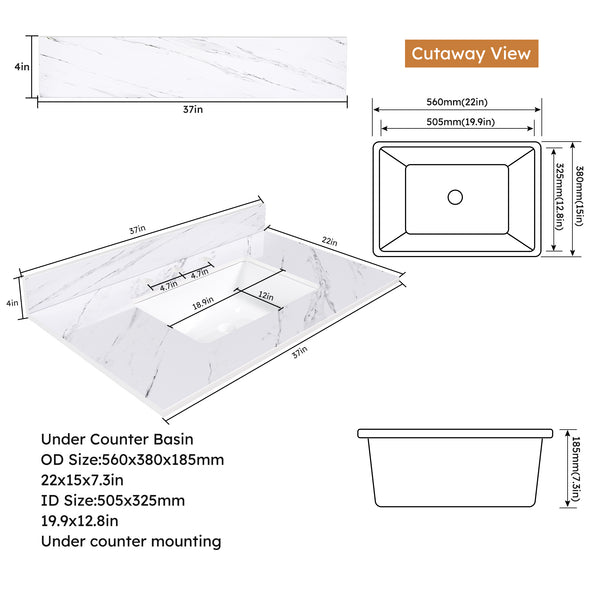 English Elm 37 Inch Marble Vanity Top – Elegant Bianco Carrara Stone With Undermount Sink & Pre-Drilled Holes W2700P194075