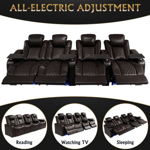 English Elm 124.4"power Reclining Sectional Nappa Leather Home Theater with Rgb Led Lighting W3819S00106