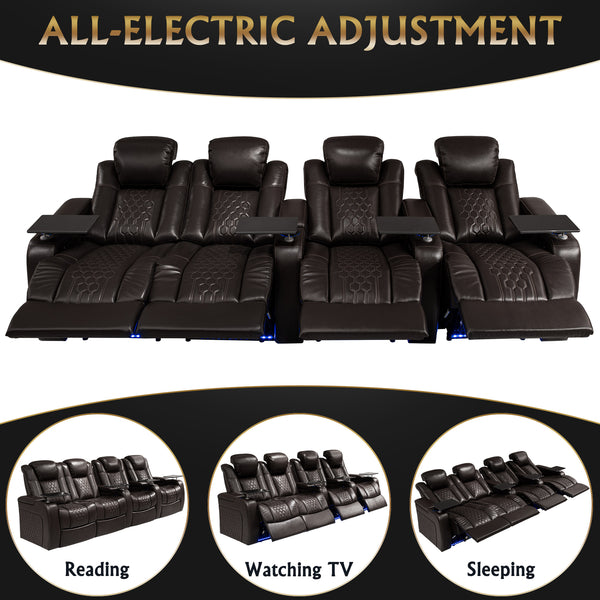 English Elm 124.4"power Reclining Sectional Nappa Leather Home Theater with Rgb Led Lighting W3819S00106
