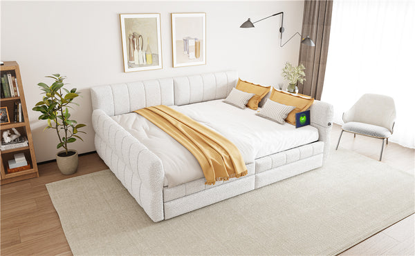 English Elm Queen Lambswool Platform Bed with Usb Charging Armrests and Under Storage Drawers White N7500000601K