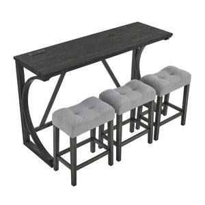 English Elm 59 Inch Bar Table Set with Power Outlet Rubberwood Frame and 3 Linen Stools Black W2972P385253