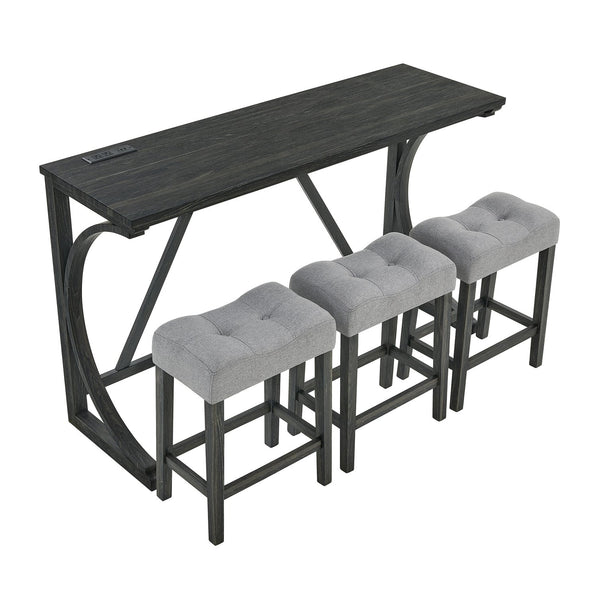 English Elm 59 Inch Bar Table Set with Power Outlet Rubberwood Frame and 3 Linen Stools Black W2972P385253