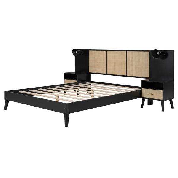 English Elm Queen Solid Wood Bed Frame With 2 Nightstands, Rattan Accents, Built-In Lamps For Cozy Bedrooms N820S00019AAB-GIGA