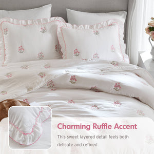English Elm 3-piece Floral Embroidered Quilt Set Ruffled Trim Romantic Bedding for Full Queen Beds White+Pink B035P463192