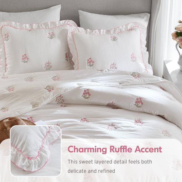 English Elm 3-piece Floral Embroidered Quilt Set Ruffled Trim Romantic Bedding for Full Queen Beds White+Pink B035P463192