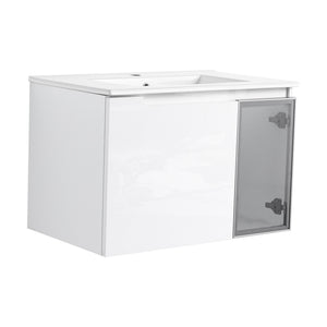 English Elm 30" Floating Bathroom Vanity Glossy White Plywood Cabinet with Frosted Glass Door W999S00524
