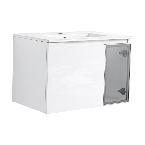 English Elm 30" Floating Bathroom Vanity Glossy White Plywood Cabinet with Frosted Glass Door W999S00524