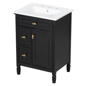 English Elm 24-Inch Bathroom Vanity with Sink, Solid Wood & MDF, Ceramic Top, Gold Handles, Flip Drawer Design Black N725P350824B