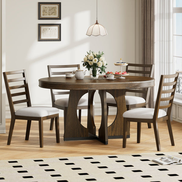 English Elm Trexm Extendable Round Dining Set Oak Veneer Sculptural Base Seats Four to Six Walnut ST000131AAP-2026