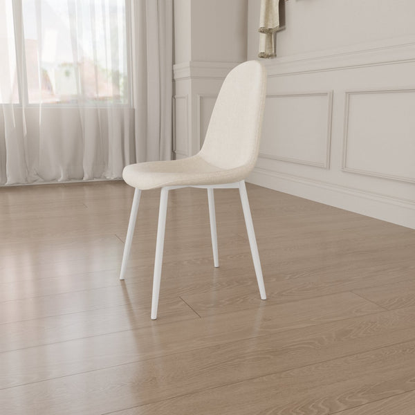 English Elm Dining Chair Set of 4 Beige Linen Upholstered Spoon-Shape Seats with White Metal Legs, Mid-Century Modern Comfort and Floor-Protecting Pads W2189P190477