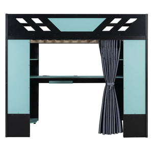 English Elm Full Size Loft Bed with Desk Blackout Curtains Rgb Lighting and Integrated Storage Black+Blue LT000377AAC