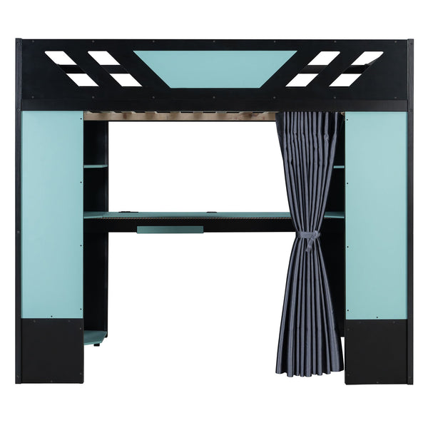 English Elm Full Size Loft Bed with Desk Blackout Curtains Rgb Lighting and Integrated Storage Black+Blue LT000377AAC