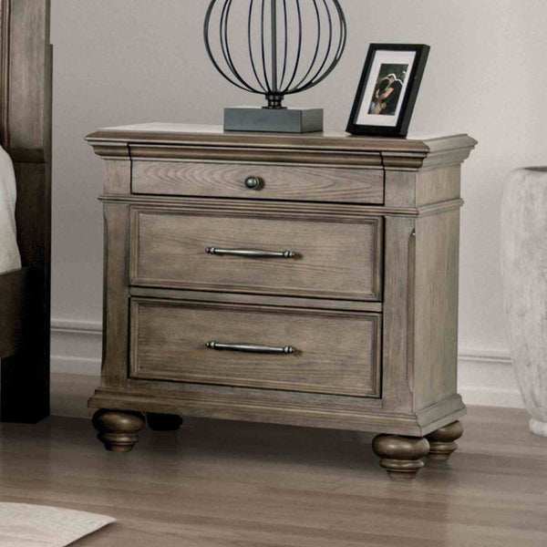 English Elm Aged Oak Veneer Three Drawer Nightstand with Bun Feet for Transitional Bedrooms B2741P433394