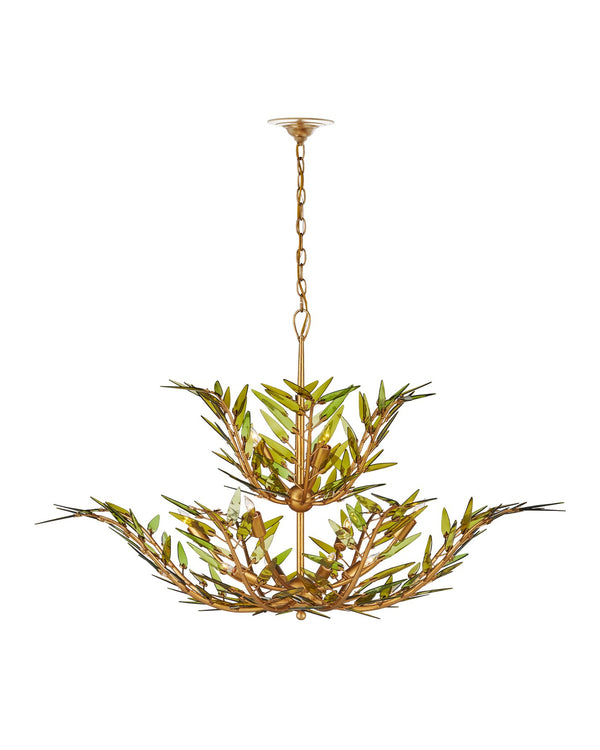 Currey & Company Babylon Chandelier - Elegant Bowl Design With Recycled Glass Leaves In Contemporary Gold Finish Green Recycled Bottle Glass ,Wrought Iron 9000-1310-currey-company