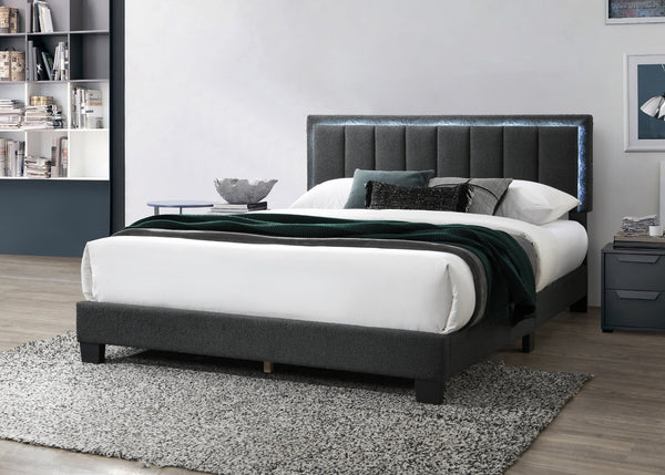 English Elm 1pc Queen Size Bed Wool Upholstered Platform with Channel Tufted Headboard and Built‑In LED Lighting Charcoal 66 L x 29 W x 9 H B011P238968