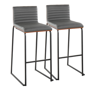 English Elm Mason Mara 30" Fixed-Height Barstool Set Of 2 - Black Metal, Walnut Wood & Grey Faux Leather Elegance B202P222249