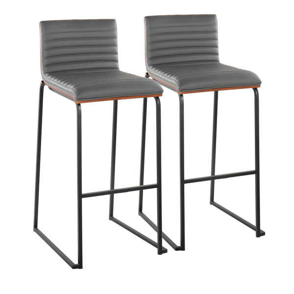English Elm Mason Mara 30" Fixed-Height Barstool Set Of 2 - Black Metal, Walnut Wood & Grey Faux Leather Elegance B202P222249