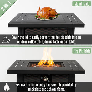 English Elm 28" 28inch Propane Fire Pit Table 50000 BTU Square Steel Outdoor Patio Table with Rocks Lid Black W853102853