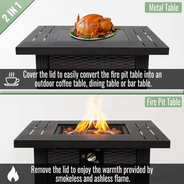 English Elm 28" 28inch Propane Fire Pit Table 50000 BTU Square Steel Outdoor Patio Table with Rocks Lid Black W853102853