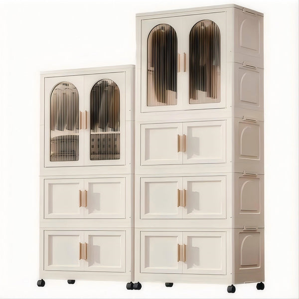 English Elm 25.59" Cream White Folding Wardrobe with Wheels, Magnetic Door, Durable PP, 1 Closet + 3 Boxes +10 Hangers W2873P239389